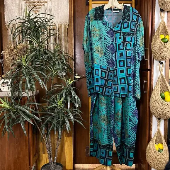 Vintage Plus Size 2 Piece Set 22W 24W Teal Patchwork Rayon Pants Shirt Outfit - Picture 1 of 16